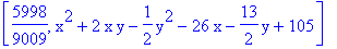[5998/9009, x^2+2*x*y-1/2*y^2-26*x-13/2*y+105]